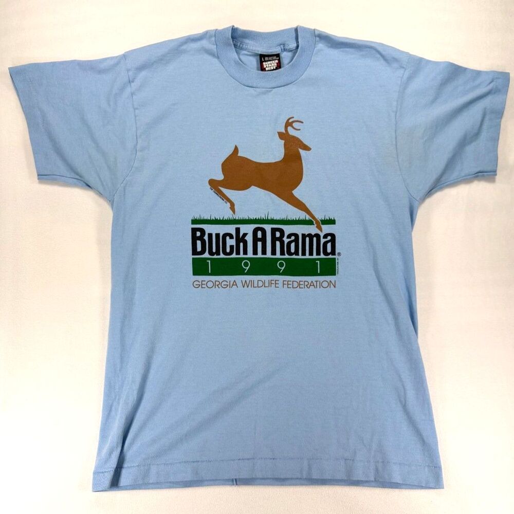 Vintage Single Stitch 1991 Buck A Rama Blue Short Sleeve Shirt 90s Retro Size L